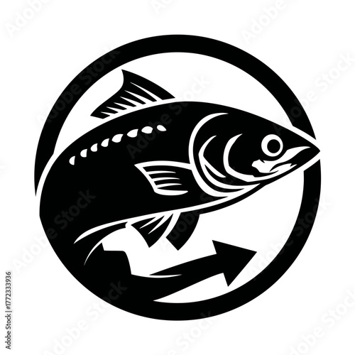 Stylized black and white graphic icon of a jumping fish inside a circle with an arrow, symbolizing movement and flow. Vector art.