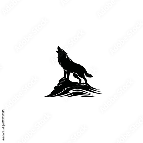 Majestic howling wolf silhouette graphic standing on a rocky peak, symbolizing wilderness, strength, and freedom.