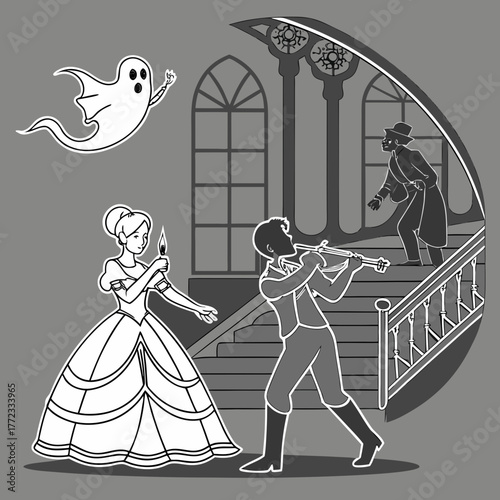 artboard with characters ghost couple dancing