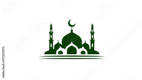 Green Mosque Icon with Minarets and Crescent Moon on White. Islamic Worship Place Silhouette, Religious Symbol Vector