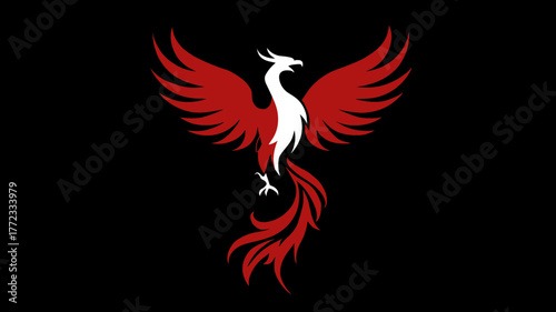 Majestic Red and White Phoenix Bird Illustration on Black Background - Mythical Fantasy Creature Symbol