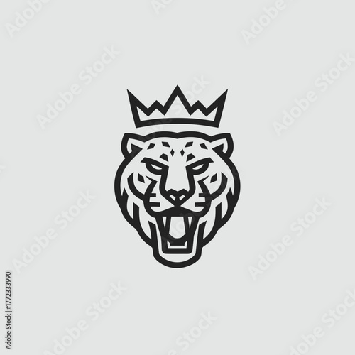 Powerful big cat head with a crown, roaring line art illustration. Royal feline emblem design representing strength and authority.
