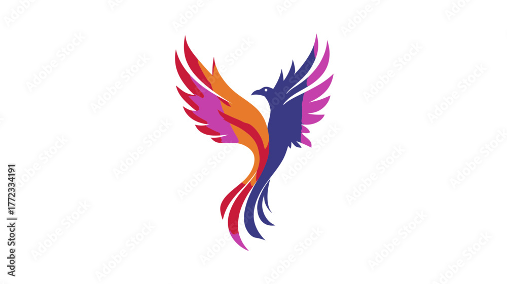 Fototapeta premium Colorful abstract phoenix bird logo icon illustration. Stylized mythical creature rising with vibrant wings, representing rebirth, strength, and transformation.