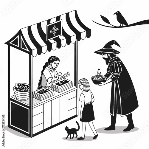 artboard with characters vendor selling potio