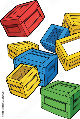 Scattered Wooden Crates In Red Blue Yellow And Green Against White Background With Simple Design