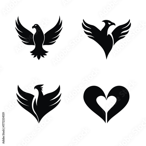 Stylized black bird and heart symbol silhouettes. Abstract eagle, phoenix, and love icon set for graphic design projects