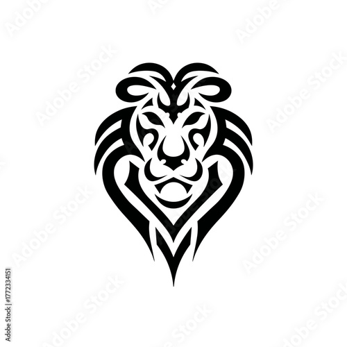 Powerful Stylized Lion Head Tribal Art Illustration. Majestic Roaring Animal Vector Graphic Symbolizing Strength and Courage.