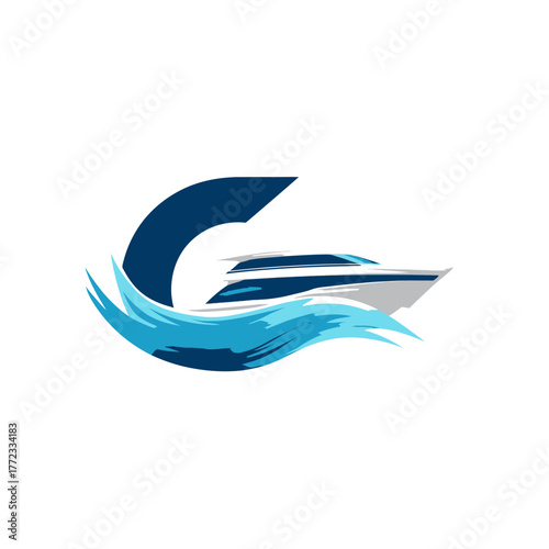 Sleek speed boat or luxury yacht cruising on dynamic blue waves, modern marine travel vector graphic design.
