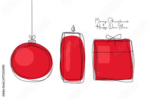 Winter doodle. Simple modern red Christmas ball, gift box and candle for holiday, merry christmas and happy new year greeting card, party decoration, template. Vector hand drawn isolated on white