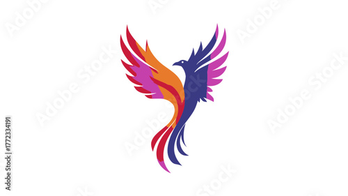 Colorful abstract phoenix bird logo icon illustration. Stylized mythical creature rising with vibrant wings, representing rebirth, strength, and transformation.