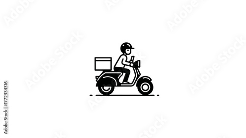 Black and white line art illustration of a delivery driver on a scooter with a package box, fast transport service icon.