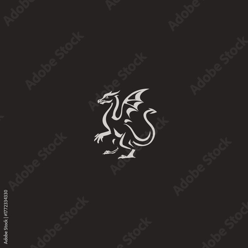 Majestic white mythical dragon with wings illustration on a minimalist dark background. Fantasy creature design and emblem concept.