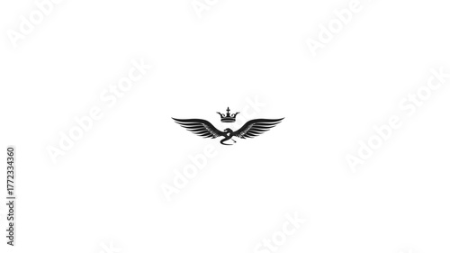 Majestic winged creature emblem with crown, elegant black and white graphic design, royal heraldic symbol