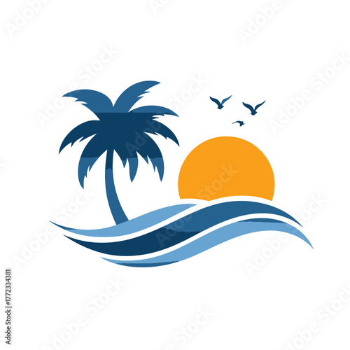 Stylized tropical beach sunset vector with palm tree silhouette, ocean waves, and flying birds. Idyllic summer vacation graphic.