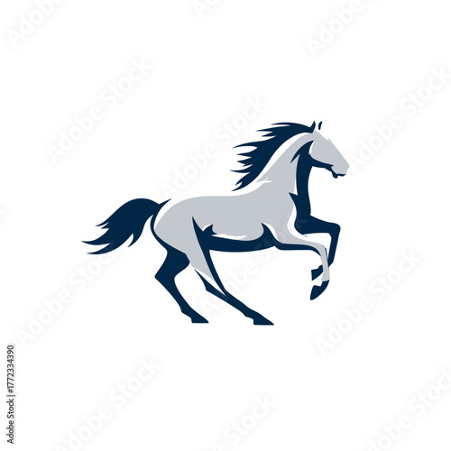Stylized majestic running horse vector graphic. Powerful equine illustration in two-tone blue and grey, symbolizing strength and freedom.