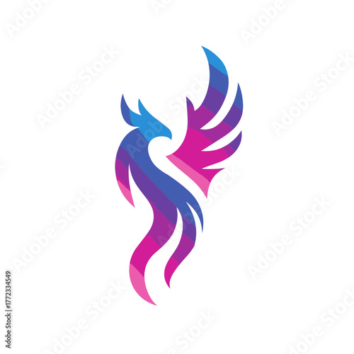 Abstract vibrant gradient phoenix bird logo design. Colorful stylized mythical creature symbol with soaring wings graphic.