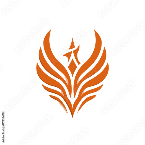 Vibrant orange stylized phoenix or eagle bird symbol with spread wings, modern minimalist graphic design element on white background