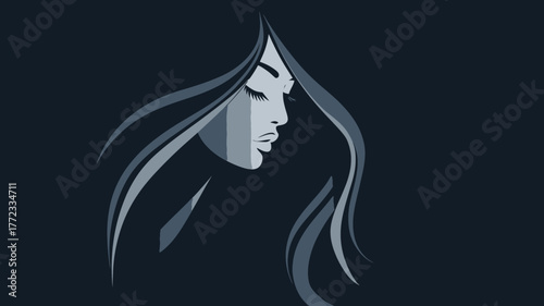 Elegant minimalist vector illustration of a serene woman's profile, abstract female portrait with flowing hair.