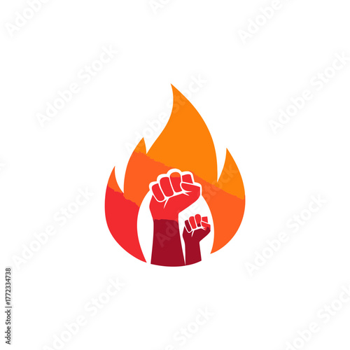 Revolutionary Clenched Fists in Fire Flames Graphic Icon Representing Strength, Protest, Unity, and Collective Power.