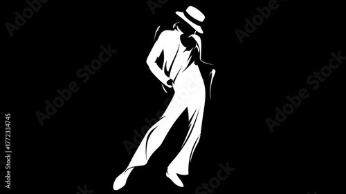 Elegant male dancer silhouette in fedora hat and suit, striking a stylish and dynamic pose on a stark black background.