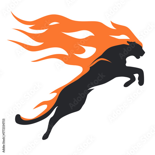 Dynamic black panther with fiery orange flames leaping forward, a powerful and energetic graphic illustration of a wild cat in motion.
