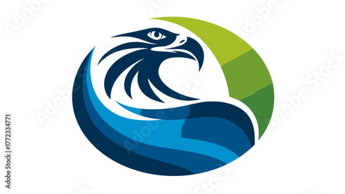 Majestic stylized eagle head illustration in profile within a blue and green circular design, symbolizing strength and freedom