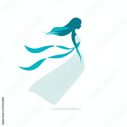 Ethereal female silhouette with flowing teal hair and dress, graceful light blue woman illustration for fantasy design