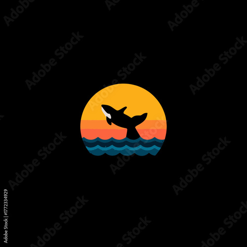 Flat design killer whale jumping from ocean waves against a vibrant sunset. Minimalist vector illustration of a breaching orca.