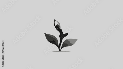 Abstract silhouette of a woman in a graceful yoga pose, emerging from natural leaves, symbolizing wellness, balance, and growth.