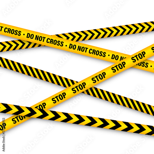 Barricade construction tape. Colorful police warning line, brightly colored danger or hazard stripe, ribbon. Restricted area, zone. Attention symbol. Vector illustration