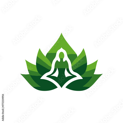 Zen Yoga Meditation Logo Design with Green Lotus Flower and Person Silhouette. Wellness, Peace, Nature-Inspired Graphic