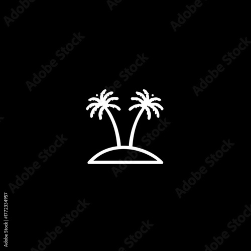 Minimalist white outline icon depicting a tropical desert island with two palm trees on a stark black background, vector graphic.