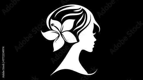 Elegant woman's profile silhouette with a beautiful tropical flower in her stylish short hair, perfect for beauty, spa, or fashion design.