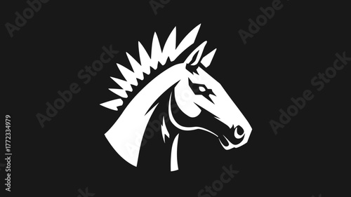 Powerful white horse head illustration on black background. Stylized equine profile vector icon, dynamic animal mascot design.
