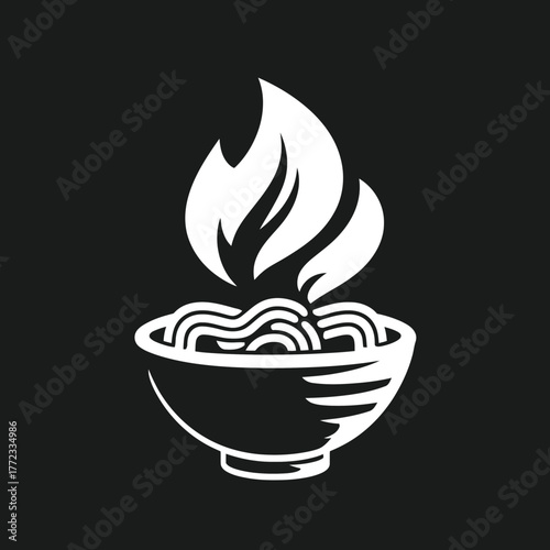 Fiery spicy hot noodles in a bowl icon illustration, Asian cuisine, ramen, udon or pasta graphic symbol for restaurant