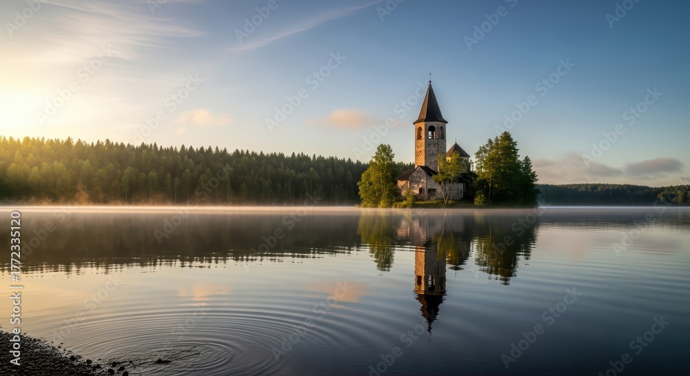 Obraz premium Tranquil sunrise over serene lake and historic church reflection in forest