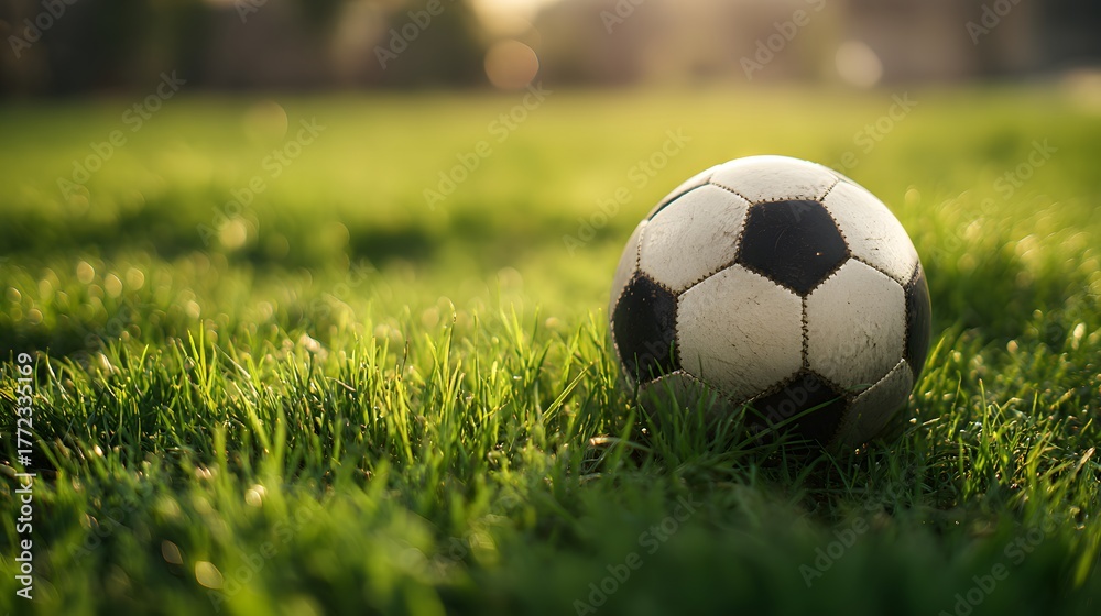 Obraz premium Traditional black and white sphere rests in bright green grass bathed in sunlight.