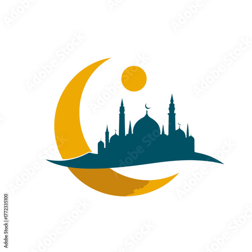 Beautiful Islamic mosque silhouette against a golden crescent moon and sun graphic. Symbol for Ramadan, Eid, holy days, and Muslim culture.