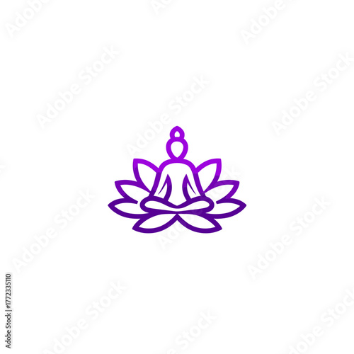 Zen meditation outline graphic of person in lotus position on a blooming lotus flower, symbolizing peace, yoga, and mindfulness.