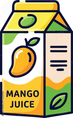 A Yellow And Green Mango Juice Carton With A Stylized Mango Fruit Illustration And Leaf Graphics On A White Background