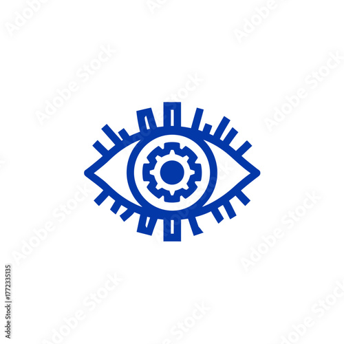 Technological eye icon with gear pupil, representing digital vision, engineering, automation, analytics, and AI concept