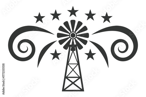 Windmill tower spins beneath starry skies, adorned with abstract curls on a white background