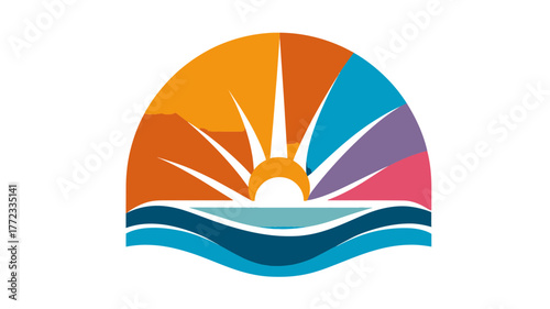 Vibrant graphic vector illustration of a colorful sunrise or sunset over the ocean with mountain landscape, representing travel and nature.