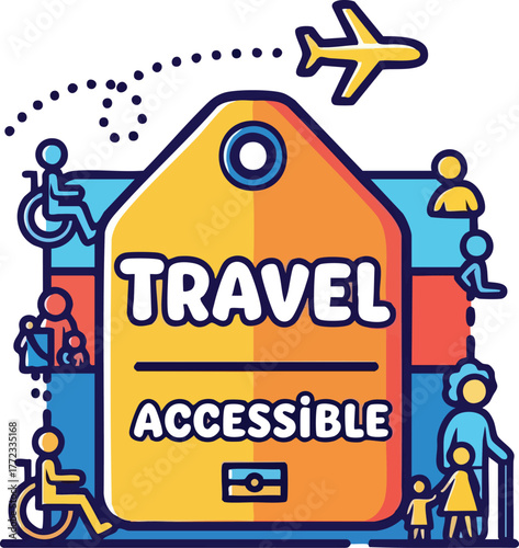 Accessible Travel Concept With People Using Wheelchairs And Family Underneath Yellow Tag With Airplane Icon Above And Dotted Lines
