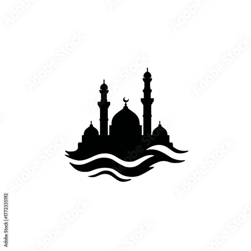 Black mosque silhouette with crescent moon and minarets on abstract waves, Islamic religious building icon or graphic design element