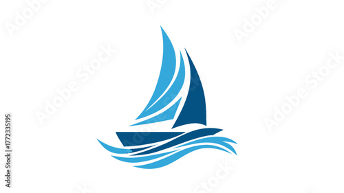 Abstract blue sailboat vector illustration on stylized ocean waves. Modern nautical yacht design element, sailing icon concept art.