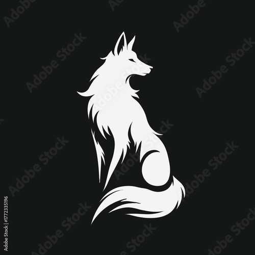 Elegant white fox or wolf silhouette illustration. Stylized minimalist graphic design of a sitting wild animal on a dark background.