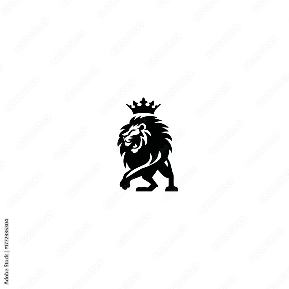 Obraz premium Majestic crowned lion vector illustration, powerful king of the jungle standing proudly, elegant black and white graphic design, strength and leadership symbol on white.