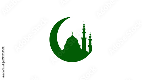 Islamic mosque silhouette with green crescent moon icon on white background, representing Muslim faith, prayer, and culture