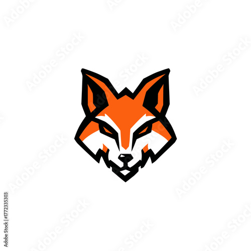 Stylized fox head illustration, modern angular design, vibrant orange and black animal mascot graphic, vector art for branding and sports
